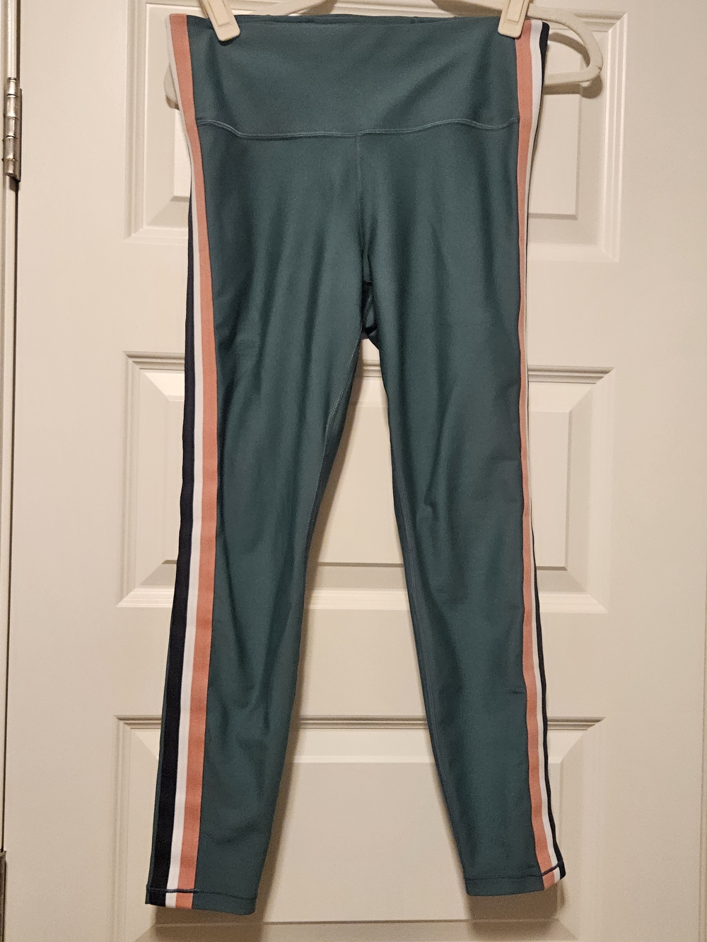 Athleta Dark Green Leggings with Pink, White & Navy Side Stripes